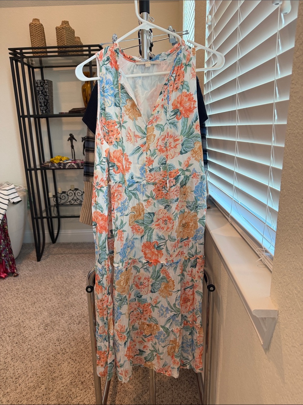 LOFT White Maxi Dress with Coral & Blue Floral Print